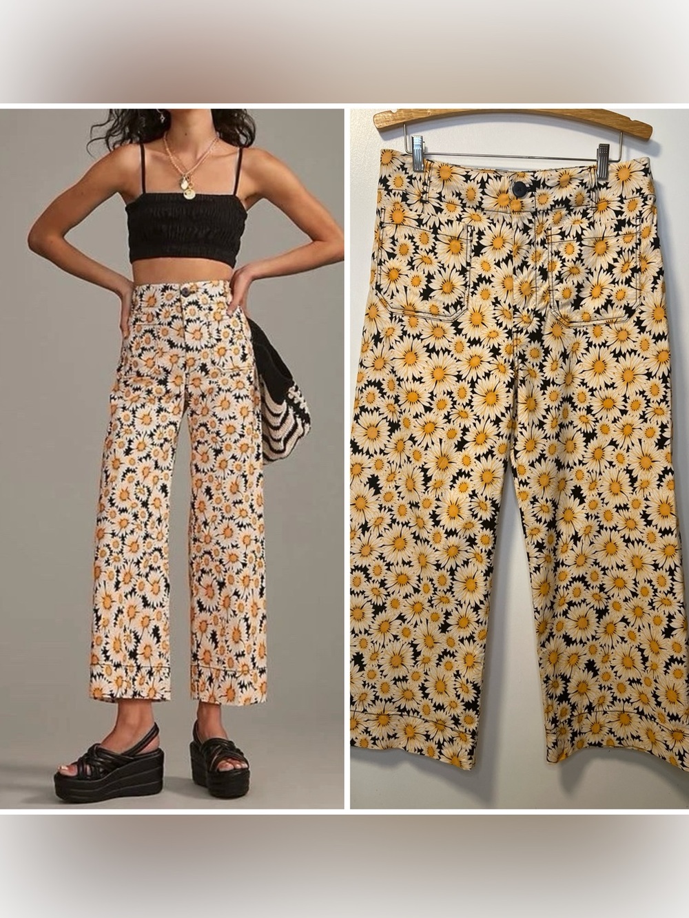 Maeve Anthropologie The Colette Daisy Print Wide Leg Cropped Pants Size 32